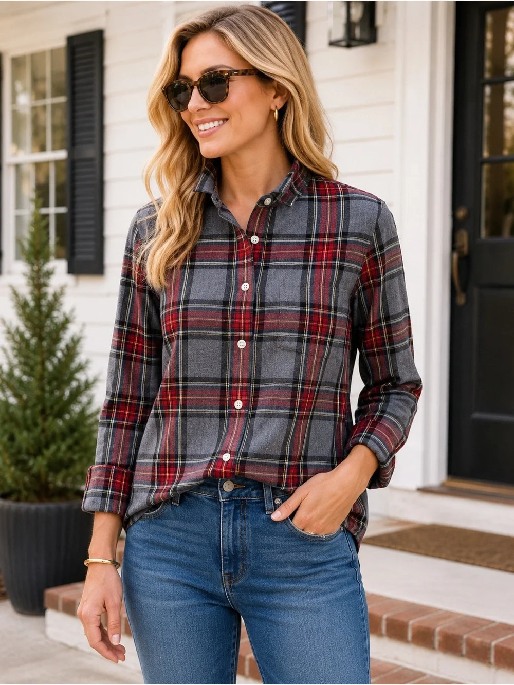 J.Crew Gray Red Tartan Plaid Flannel Button Down Shirt Size Small Preppy Fall